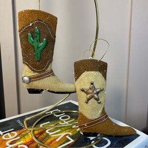 Set of 2 Handmade Cowboy Metal Boots Christmas Ornament Décor